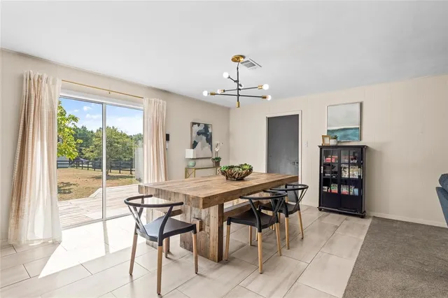 a view of a dining room with furniture and window