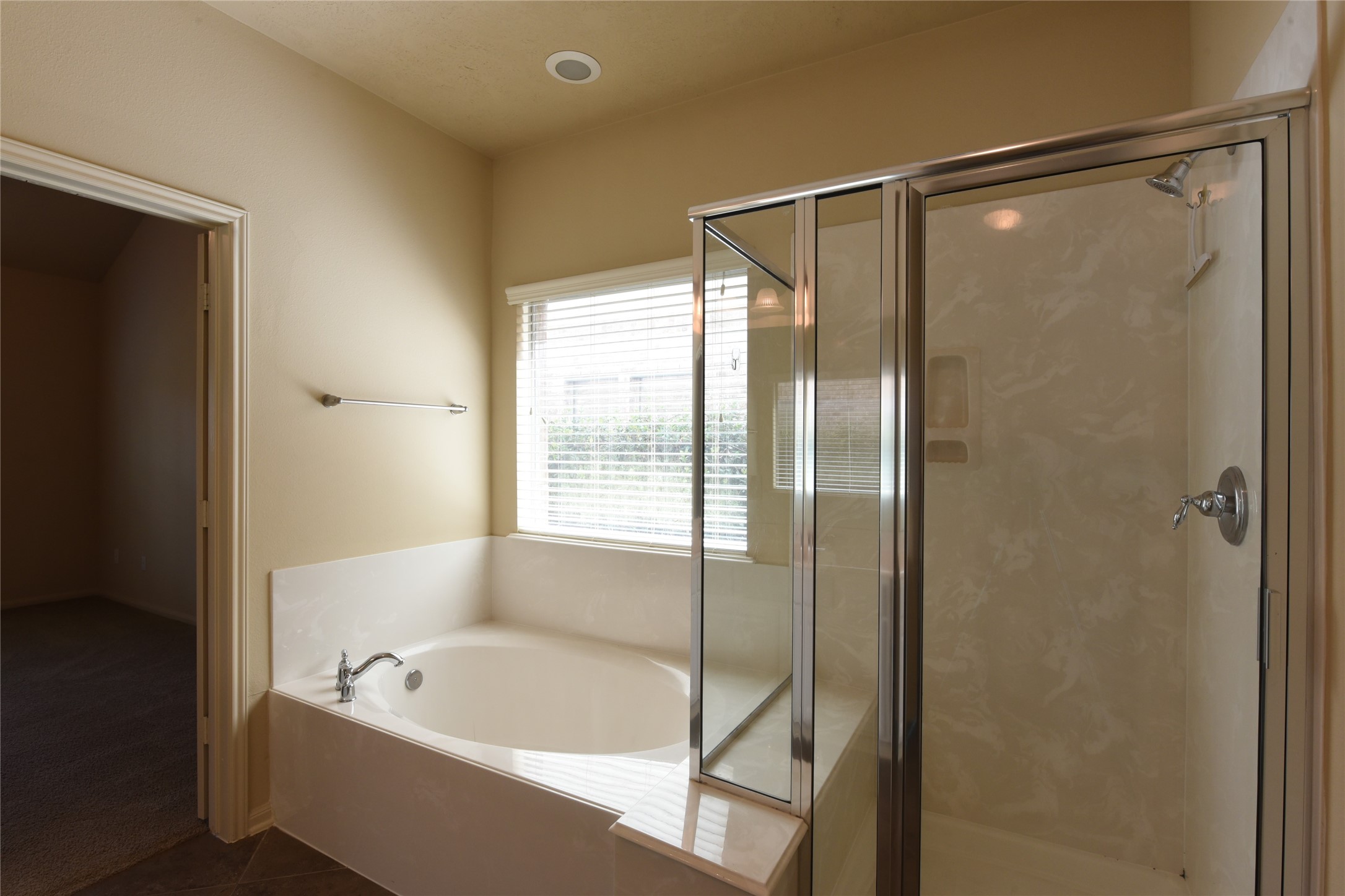 118 East Lasting Spring Circle Spring, TX 77389 - Photo 26 of 46 Spacious bathroom featuring a luxurious soaking tub and separate glass-enclosed shower, bathed in natural light from a large window.