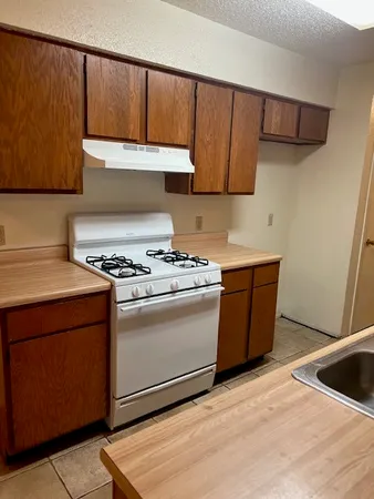 a kitchen with a stove and a sink