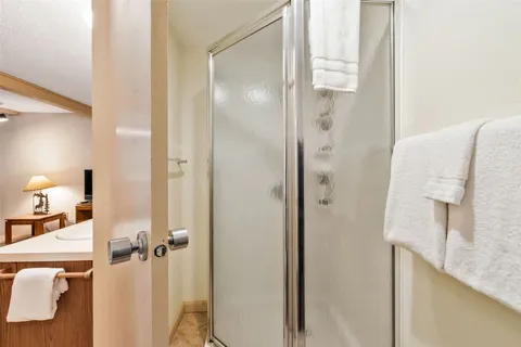 a bathroom with a shower and a sink