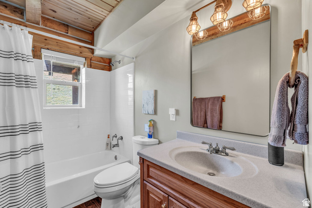 2348 North Miles Holw Road, Unit 26 Kamas, UT 84036 - Photo 16 of 31 Bathroom featuring vanity, shower / tub combo, and wooden ceiling