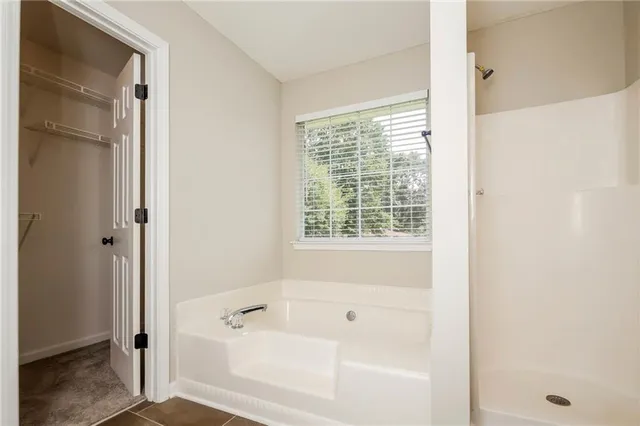 a bathroom with a bathtub and shower