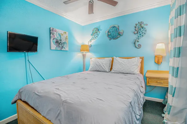 a bedroom with a bed and a television