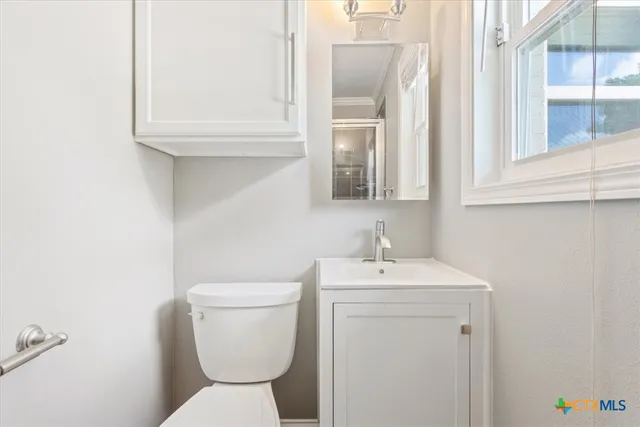 a bathroom with a toilet sink and mirror