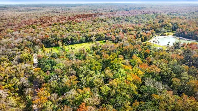 an aerial view of residential houses with outdoor space and trees