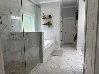 a bathroom with a shower and a tub