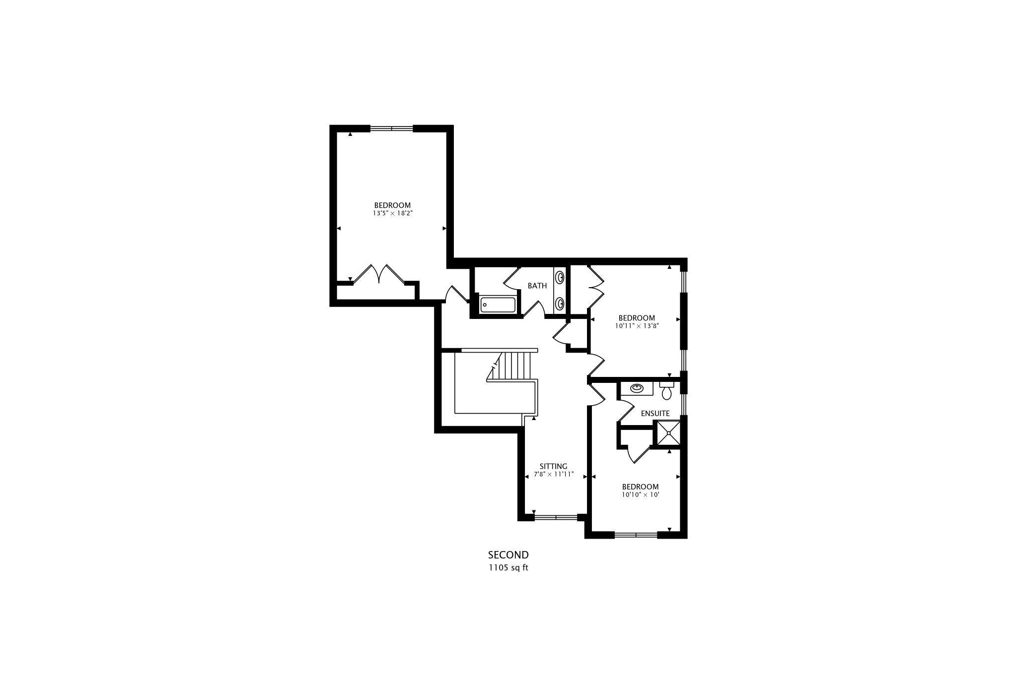 2730 Harbor Court Delavan, WI 53115 - Photo 46 of 47 Second-level floor plan showing three bedrooms, shared bath, en-suite bedroom, loft landing, and sitting room across 1,105 sq ft.