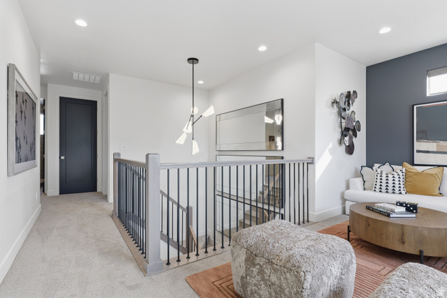 2559 West Aurora Avenue Mapleton, UT 84664 - Photo 29 of 60 Upper-level landing featuring a contemporary chandelier, recessed lighting, and carpet flooring