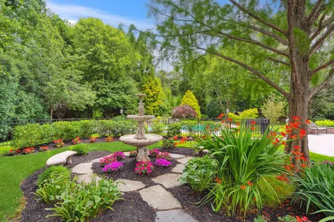 a view of a garden with flowers and trees