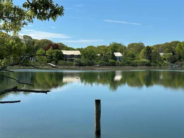 a view of a lake with houses in the back