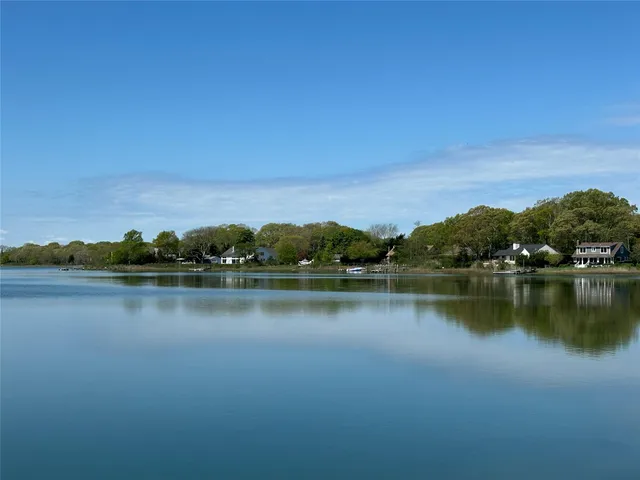 a view of a lake with houses in the back