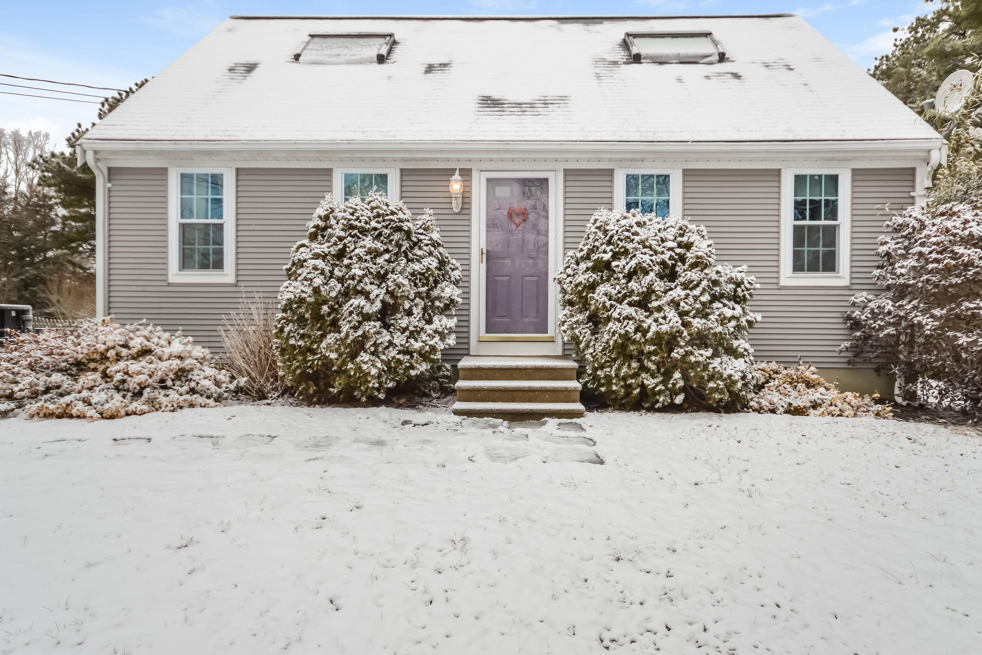 front view of a house with potted plants