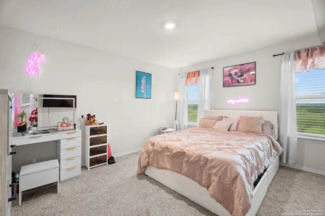 a bedroom with a bed and a cabinets