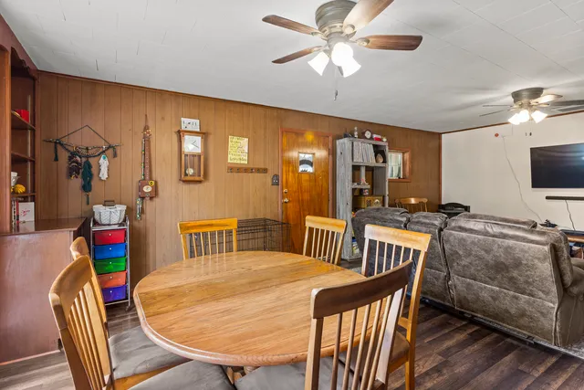 a view of a dining room with furniture