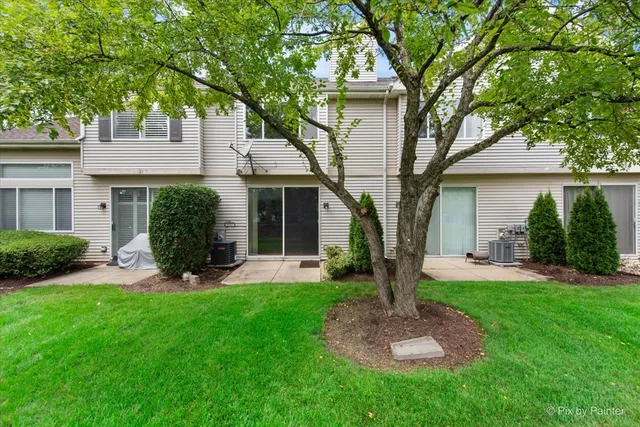 a front view of a house with a yard and large tree
