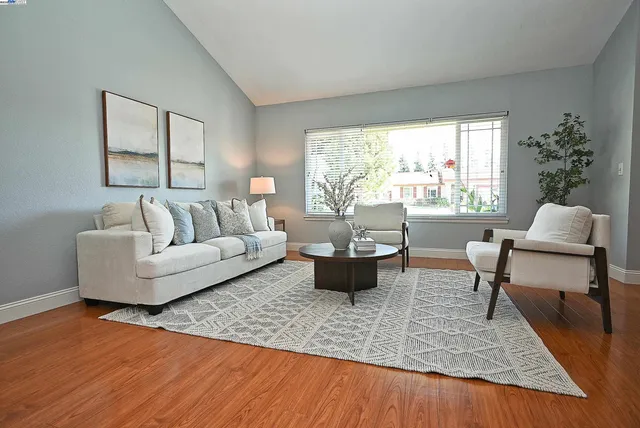 a living room with furniture and a potted plant