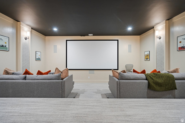 1141 South Oak Leaf Lane Springville, UT 84663 - Photo 104 of 147 Dedicated media room featuring a large projection screen, integrated wall speakers, and recessed lighting