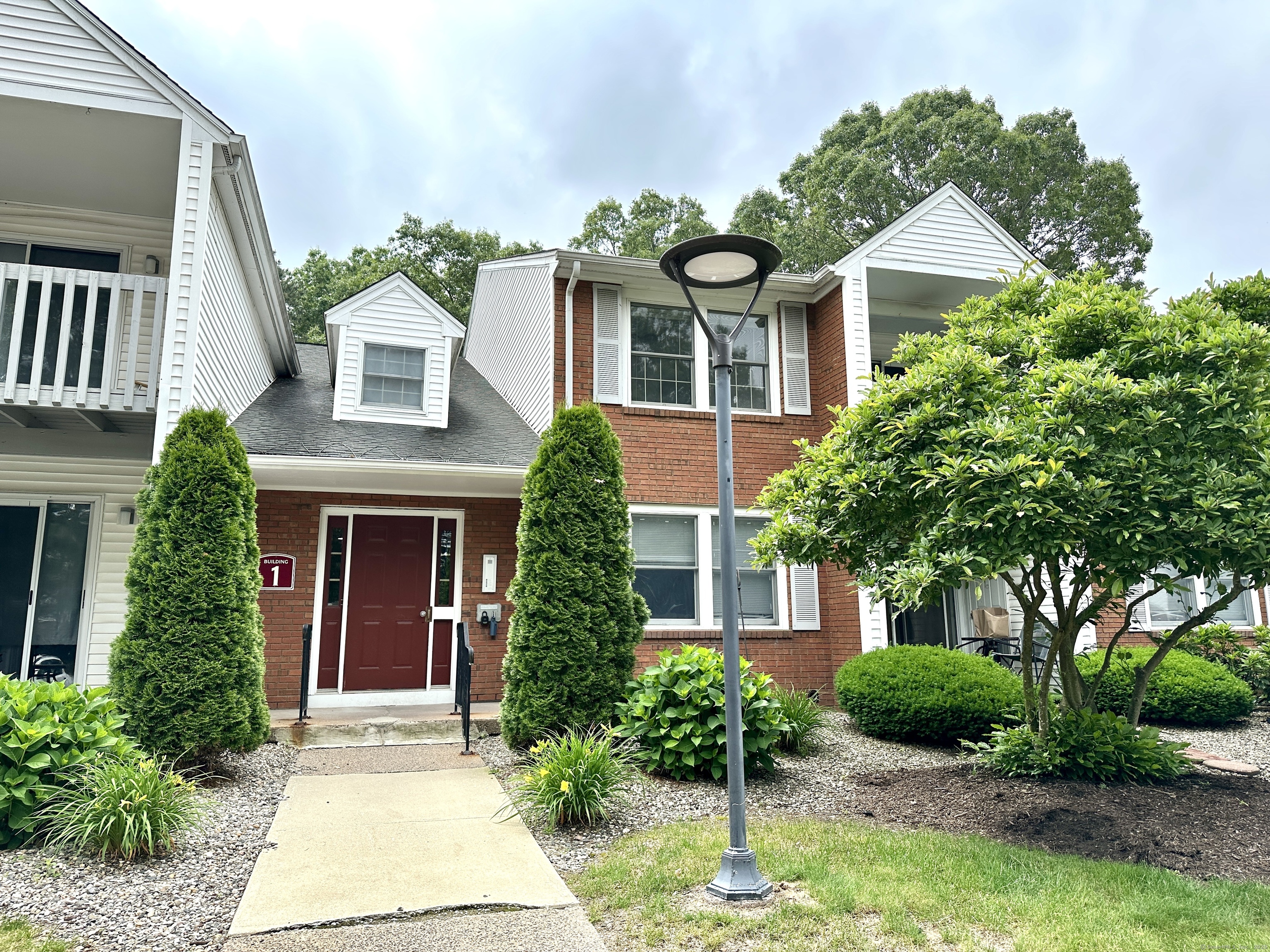 a front view of a house with yard and green space