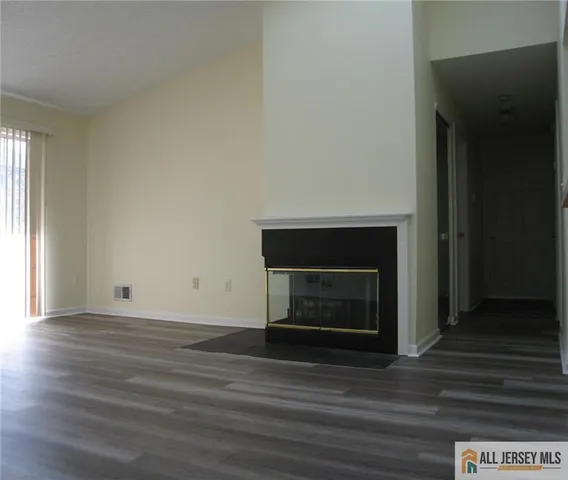 a room with a fireplace