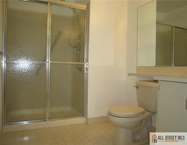 a bathroom with a shower and a toilet