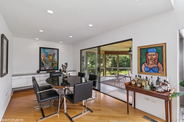 a view of a room with a large window