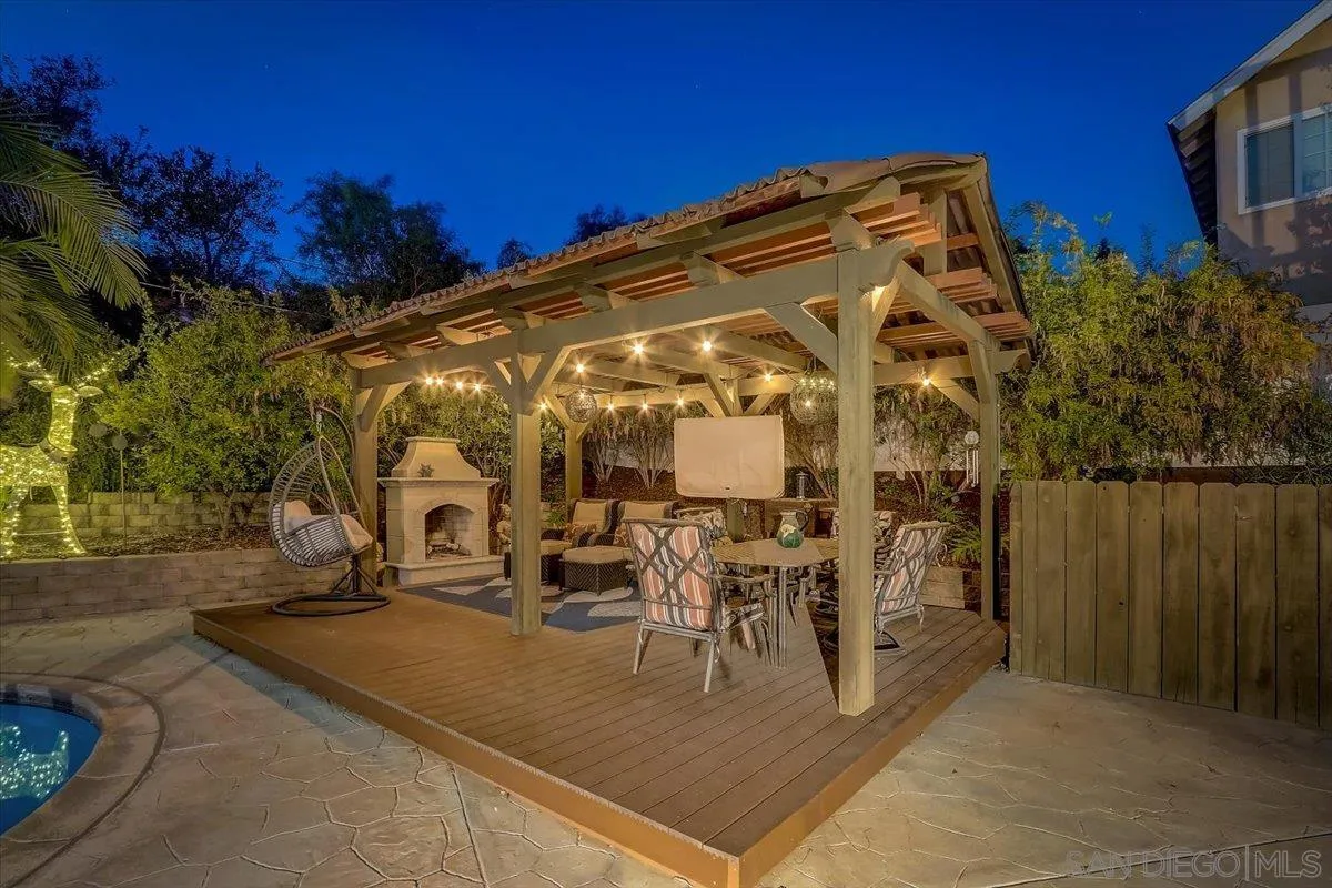 4094 Tambor Road San Diego, CA 92124 - Photo 4 of 49 a view of a patio with couches and table and chairs under an umbrella with palm trees