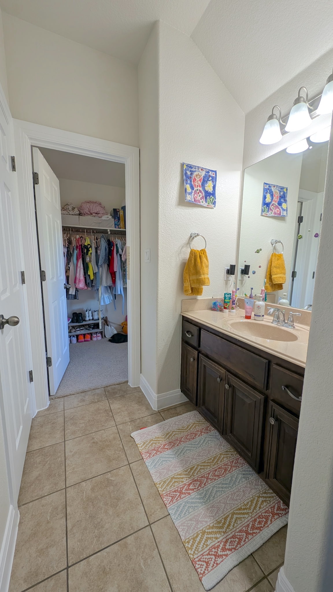 4205 Vail Divide Bee Cave, TX 78738 - Photo 18 of 28 Full bath featuring vanity, vaulted ceiling, a walk in closet, and light tile patterned floors