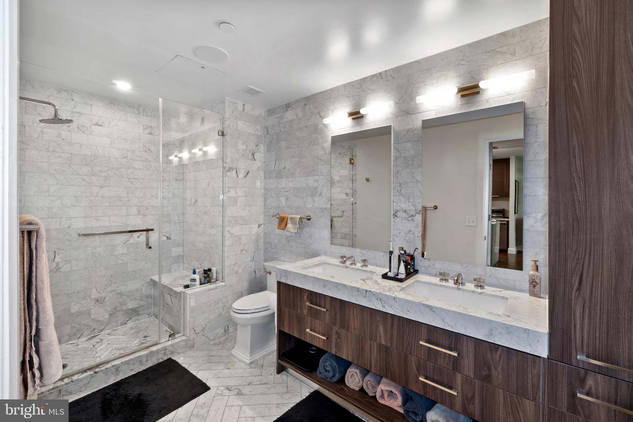 1330 Lancaster Street, Unit C602 Baltimore, MD 21231 - Photo 20 of 28 a bathroom with a double vanity sink mirror double shower and a toilet