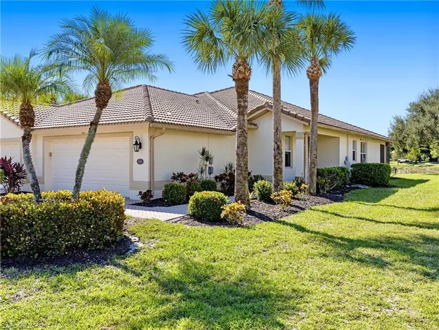 a palm tree sitting in front of a house with a yard