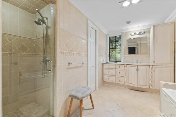 a bathroom with a shower a sink and a mirror