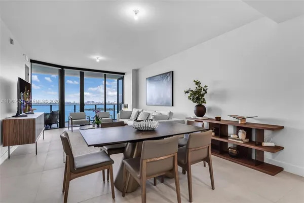 a view of a dining room with furniture window and outside view