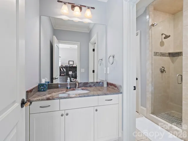 a bathroom with a granite countertop sink a mirror and shower