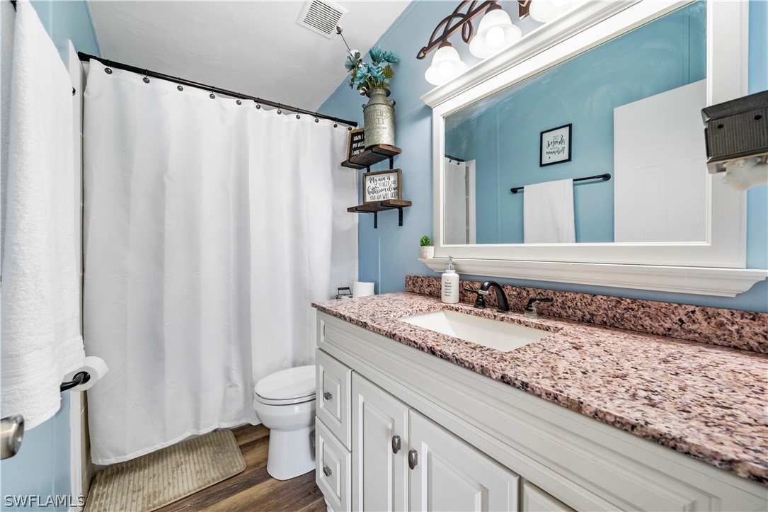 2401 Wendy Road Fort Denaud, FL 33935 - Photo 23 of 35 a bathroom with a granite countertop sink a toilet and a shower curtain