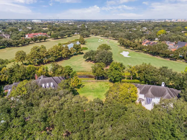 an aerial view of residential houses with outdoor space and trees