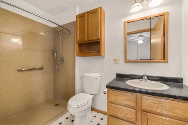 a bathroom with a sink a toilet and shower