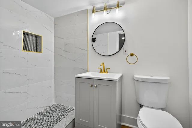 a bathroom with a toilet a sink and a mirror