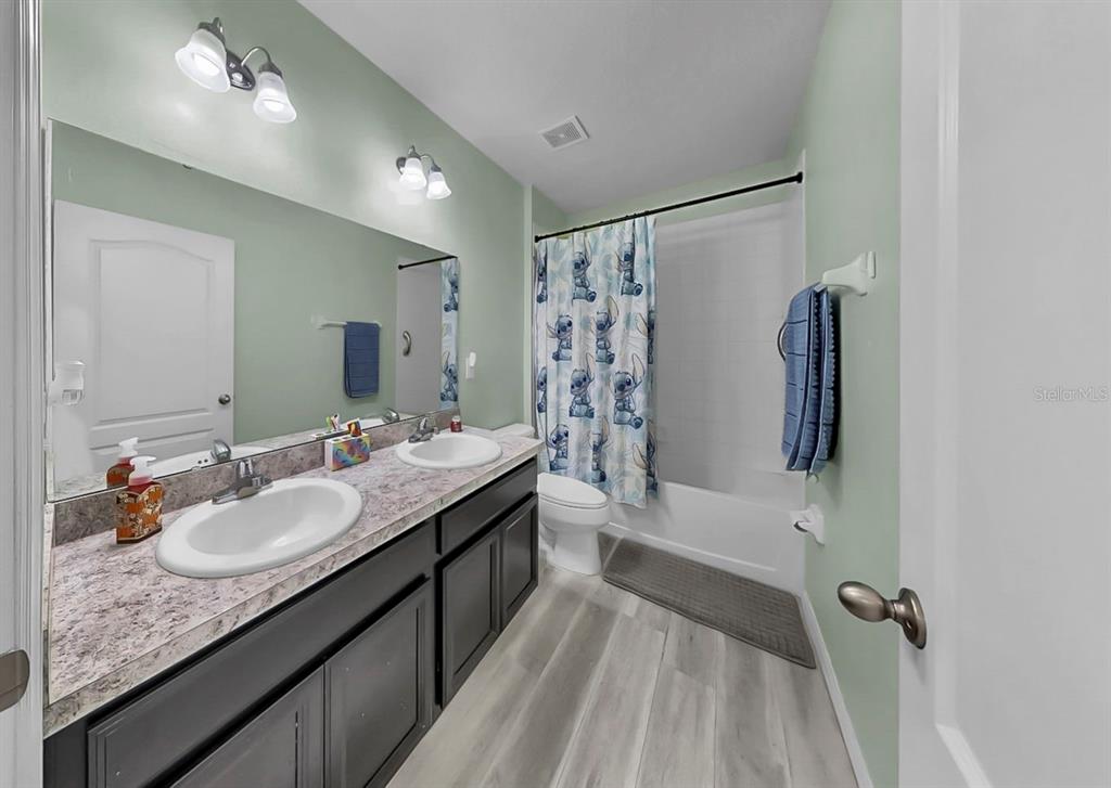 14530 Haddon Mist Drive Wimauma, FL 33598 - Photo 20 of 44 a bathroom with a granite countertop sink a mirror a shower and a bathtub