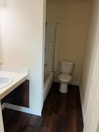 a bathroom with a toilet and a potted plant