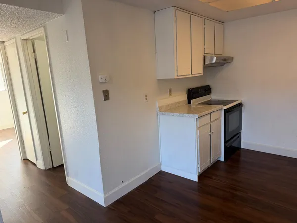 a view of cabinets with wooden floor