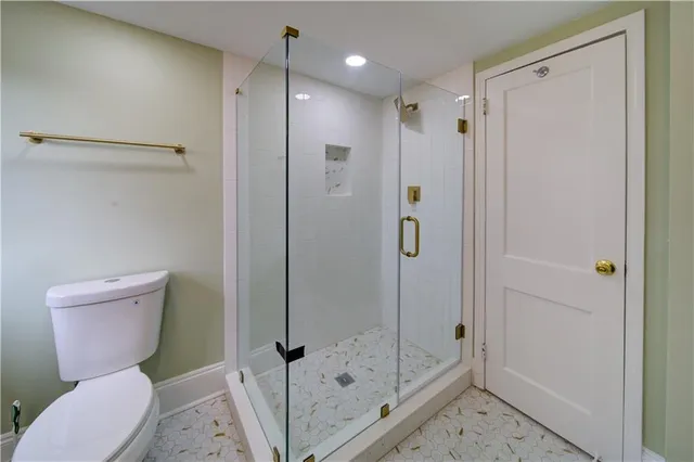 a bathroom with a shower a toilet and a glass door