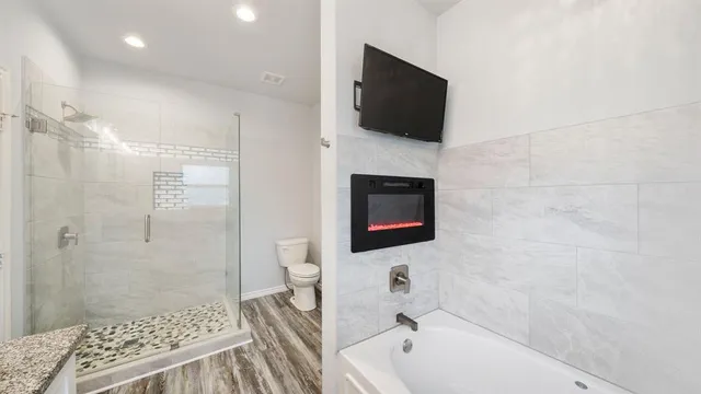 a bathroom with a sink a toilet and shower