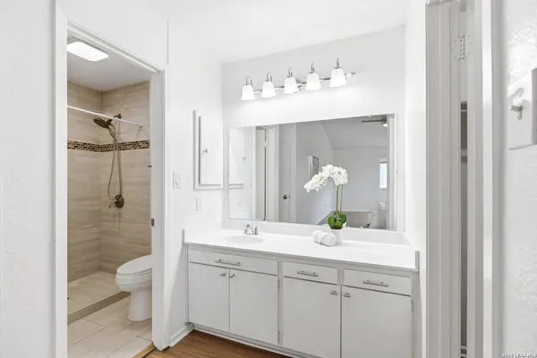 a bathroom with a double vanity sink mirror and toilet
