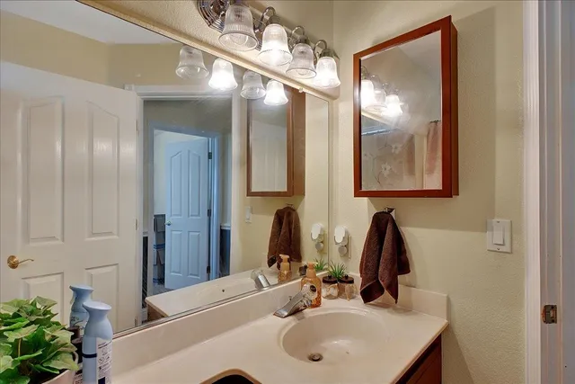 a bathroom with a sink and a mirror