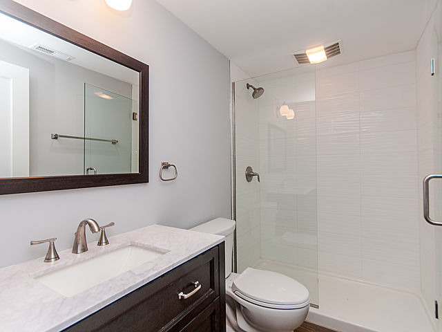 243 Longcommon Road Riverside, IL 60546 - Photo 21 of 25 a bathroom with a granite countertop sink toilet a mirror and shower