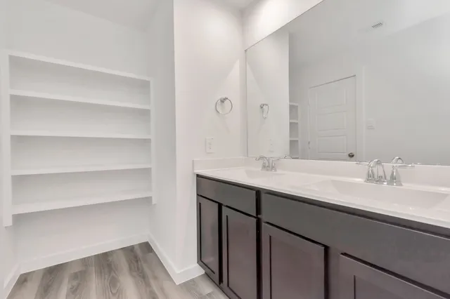 a bathroom with a sink and a mirror