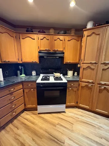 a kitchen with stainless steel appliances granite countertop a stove a sink and a refrigerator