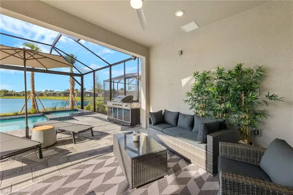 a building outdoor space with patio furniture