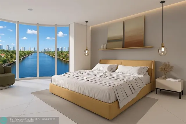 a bedroom with a bed and a large mirror