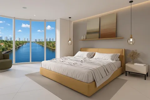 a bedroom with a bed and a large mirror