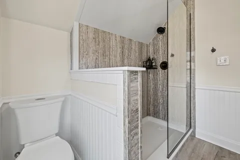 a bathroom with a toilet and a shower
